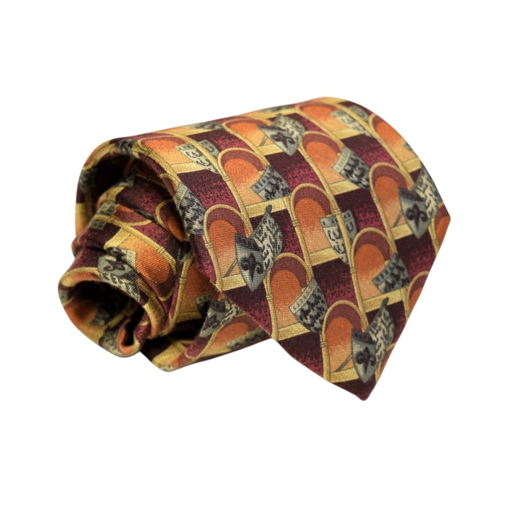 Ermenegildo Zegna Silk Tie Men's Italy Geometric Royal Crest Shield Gold Orange